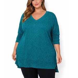 Eileen Fisher 3/4 sleeve light knit teal green sweater v-neck SX XL boxy fit